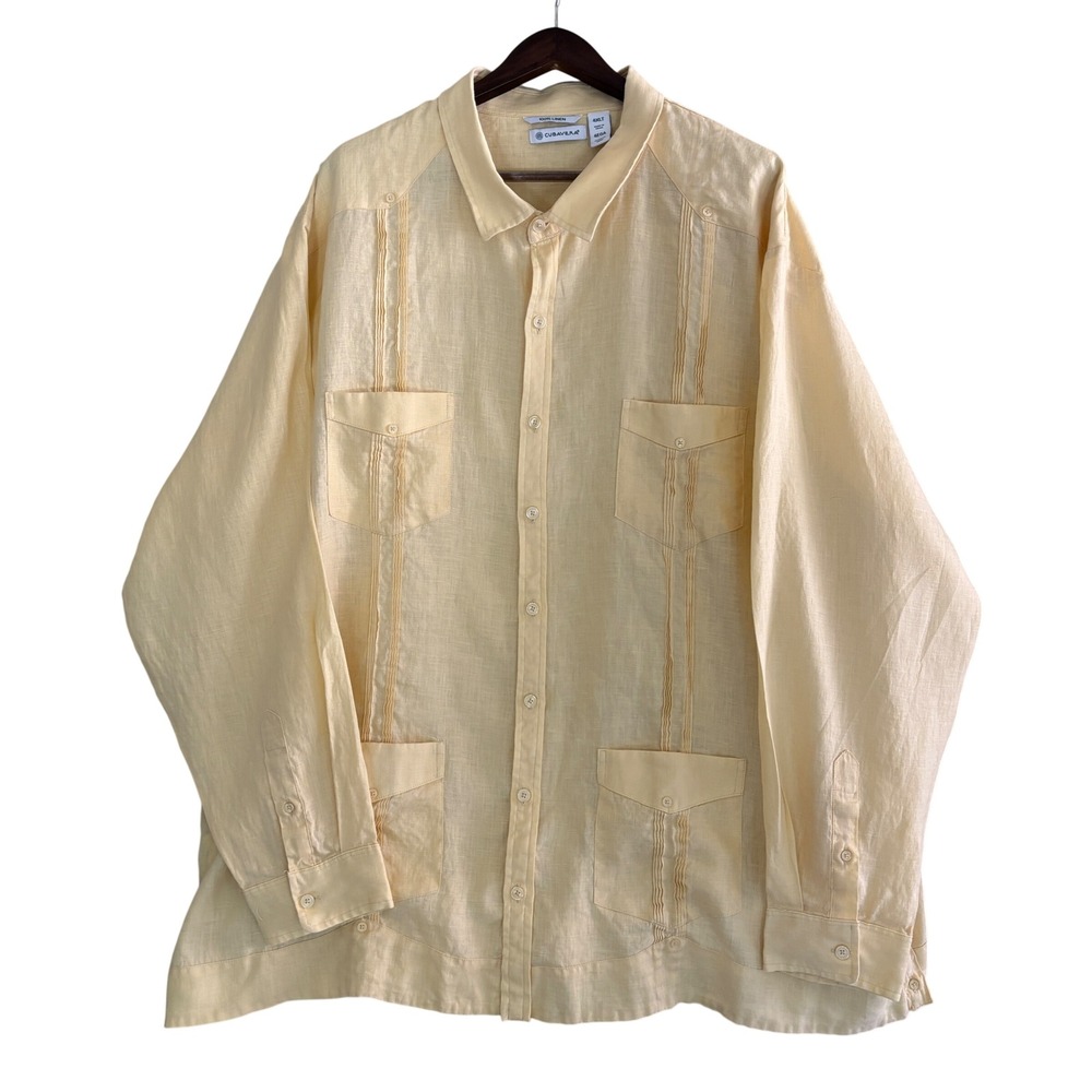 Cubavera Guayabera Shirt Men 4XLT Yellow Linen Long Sleeve Pintuck Coastal Boho